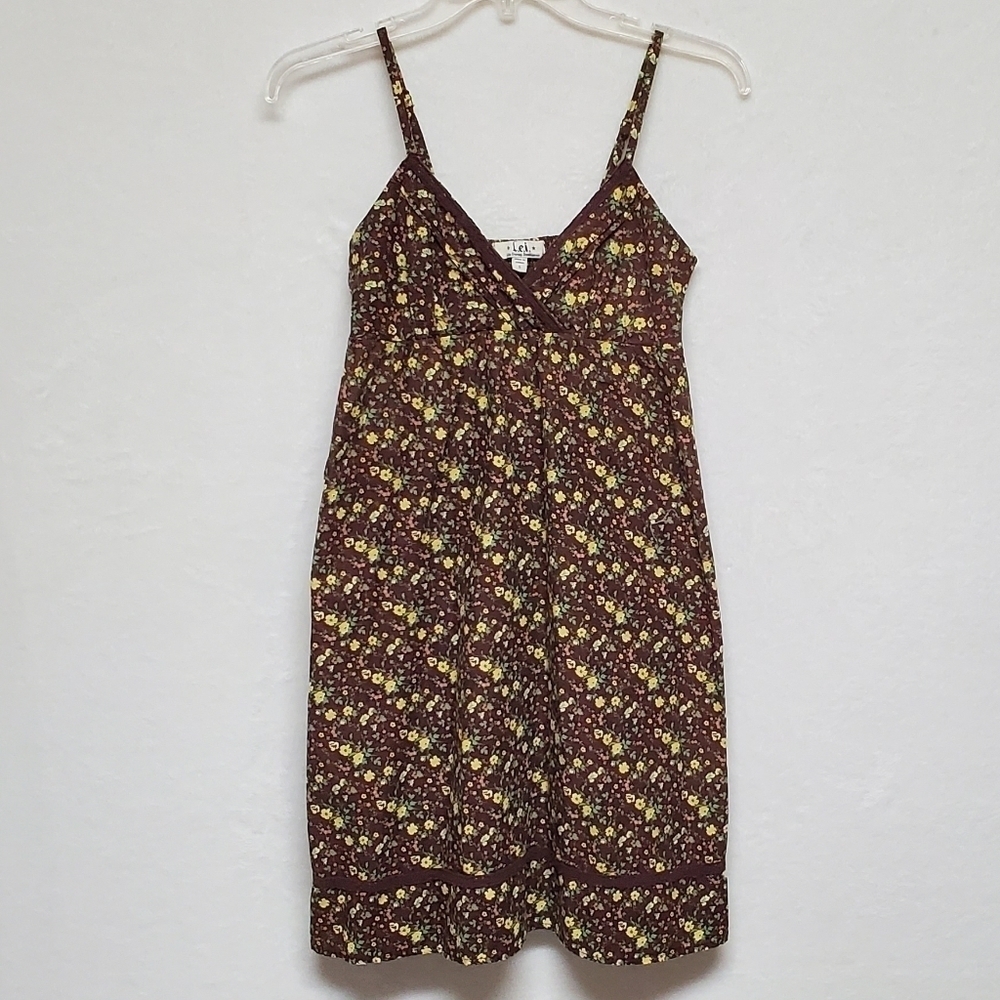𝅺RETRO Y2K LEI Brown Yellow Ditsy Floral V-neck Pleated Mini Babydoll Dress S - Picture 4 of 14